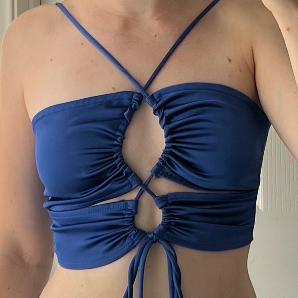 Navy Blue Ruched Cutout Tie-Front Crop Top